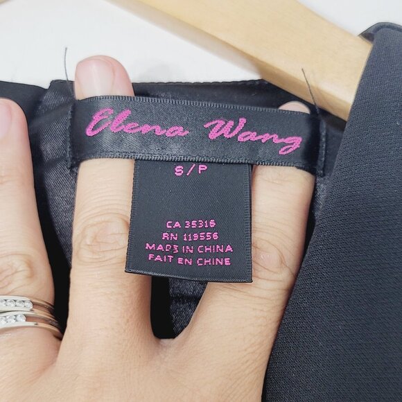 Elena Wang Classic Black Satin V-Neck Trim Pockets Sleeveless Faux Wrap Dress S - Picture 8 of 12